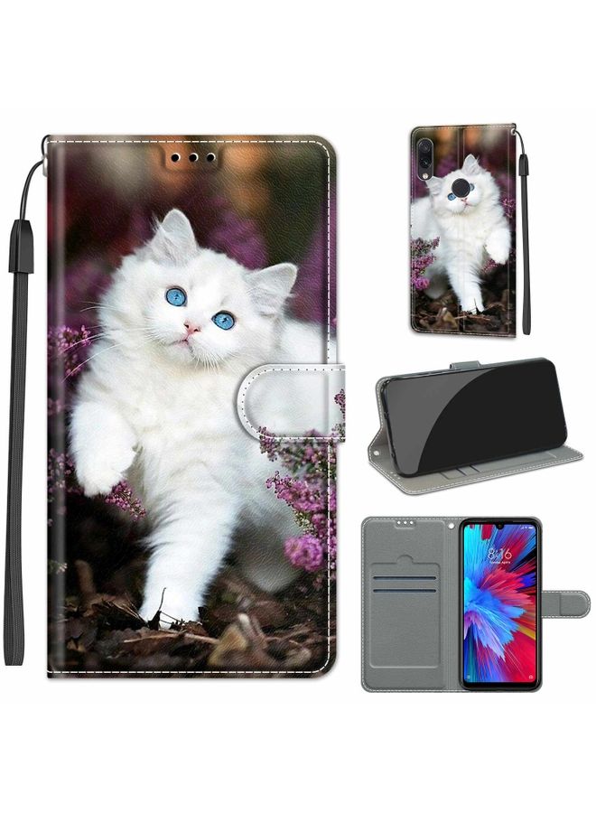 Case Cover For Xiaomi Redmi Note 7 Voltage Coloured Drawing Magnetic Clasp Horizontal Flip PU Leather Case with Holder & Card Slots C08 Flower Bush Big White Cat