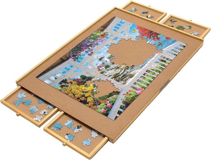 Bits and Pieces Jigsaw Puzzle Board with Drawers, Puzzle Board 1000 Pieces, 22 Inch x 30 Inch Wooden Tray Table with 4 Organizing Piece Sorting Trays, Portable, Easy Storage for Puzzles - Image 1