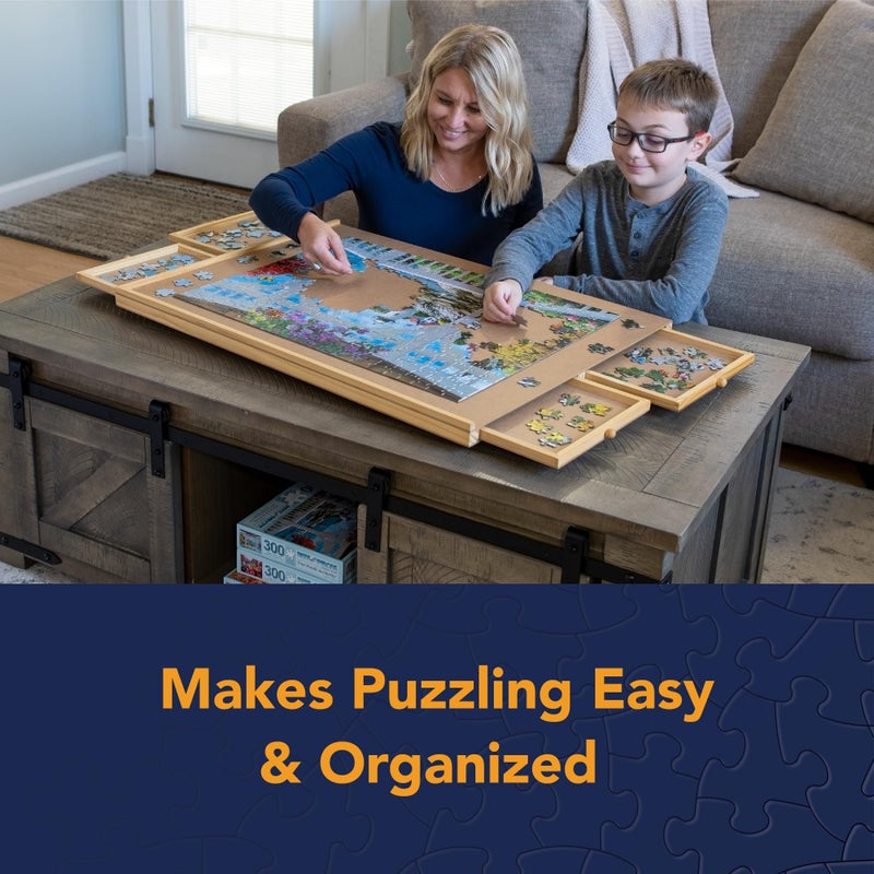 Bits and Pieces Jigsaw Puzzle Board with Drawers, Puzzle Board 1000 Pieces, 22 Inch x 30 Inch Wooden Tray Table with 4 Organizing Piece Sorting Trays, Portable, Easy Storage for Puzzles - Image 4