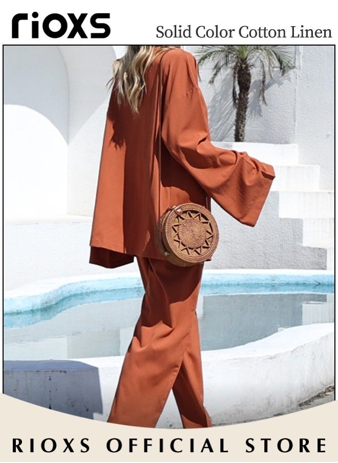 RIOXS - Women's 2 Pieces Linen Outfit with Chic Design, Daily Casual Set, Loose Cardigan Long Sleeves Tops and Elastic Waist Straight Pants, Made of Linen/Cotton Blended Fabric, Perfect for Travel, Daily Wear, Party or Dating - Image 1