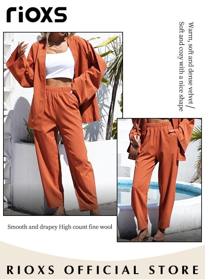 RIOXS - Women's 2 Pieces Linen Outfit with Chic Design, Daily Casual Set, Loose Cardigan Long Sleeves Tops and Elastic Waist Straight Pants, Made of Linen/Cotton Blended Fabric, Perfect for Travel, Daily Wear, Party or Dating - Image 1