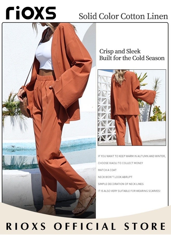 RIOXS - Women's 2 Pieces Linen Outfit with Chic Design, Daily Casual Set, Loose Cardigan Long Sleeves Tops and Elastic Waist Straight Pants, Made of Linen/Cotton Blended Fabric, Perfect for Travel, Daily Wear, Party or Dating - Image 1