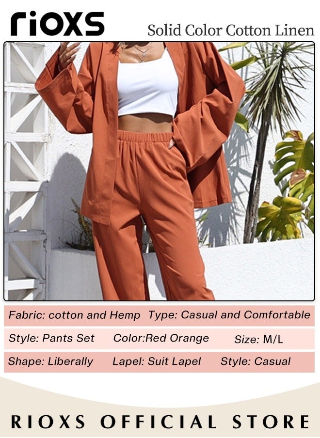 RIOXS - Women's 2 Pieces Linen Outfit with Chic Design, Daily Casual Set, Loose Cardigan Long Sleeves Tops and Elastic Waist Straight Pants, Made of Linen/Cotton Blended Fabric, Perfect for Travel, Daily Wear, Party or Dating - Image 1