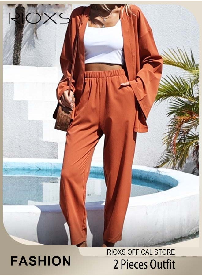 RIOXS - Women's 2 Pieces Linen Outfit with Chic Design, Daily Casual Set, Loose Cardigan Long Sleeves Tops and Elastic Waist Straight Pants, Made of Linen/Cotton Blended Fabric, Perfect for Travel, Daily Wear, Party or Dating - Image 1