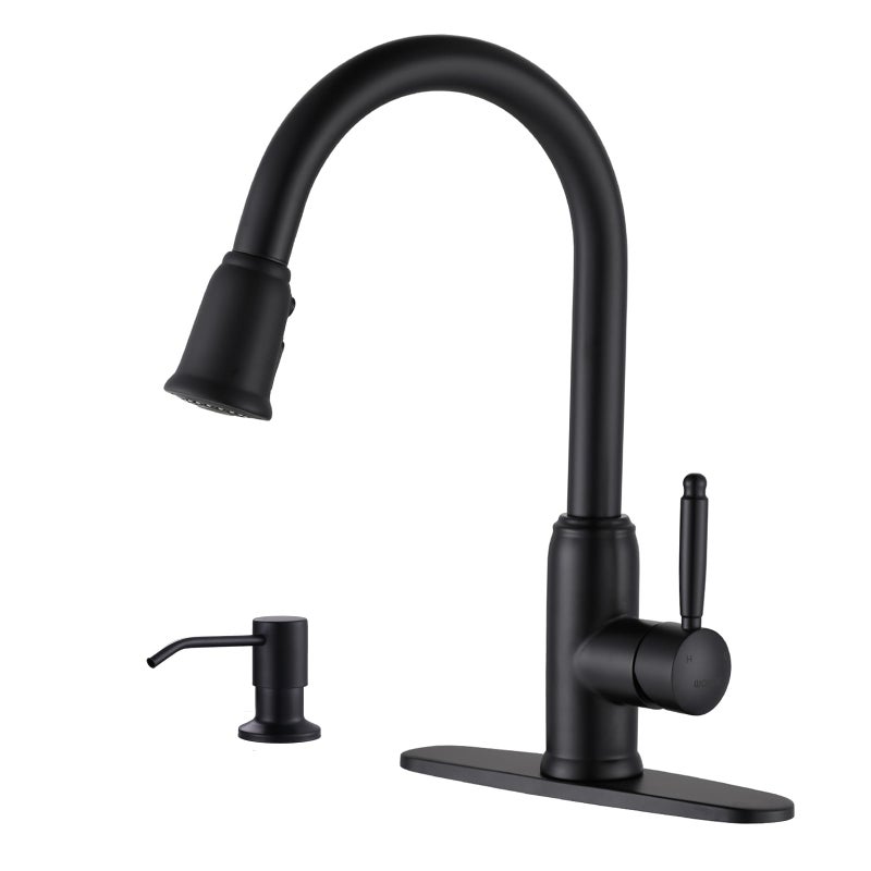 WOWOW Black Kitchen Faucet with Soap Dispenser WOWOW Stainless Steel Kitchen Faucet for Sink 2 or 4 Hole High Arc Vintage Kitchen Sink Faucet with Pull Down Sprayer and Deck Plate - Image 2