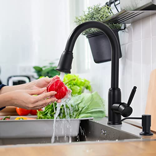WOWOW Black Kitchen Faucet with Soap Dispenser WOWOW Stainless Steel Kitchen Faucet for Sink 2 or 4 Hole High Arc Vintage Kitchen Sink Faucet with Pull Down Sprayer and Deck Plate - Image 3