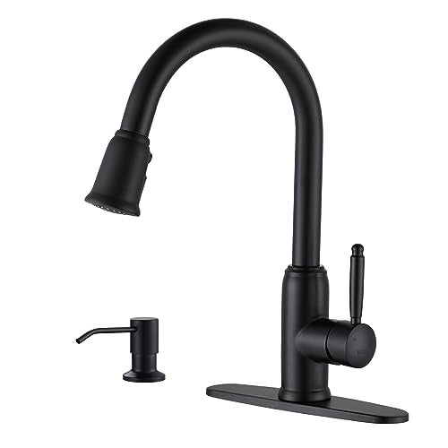 WOWOW Black Kitchen Faucet with Soap Dispenser WOWOW Stainless Steel Kitchen Faucet for Sink 2 or 4 Hole High Arc Vintage Kitchen Sink Faucet with Pull Down Sprayer and Deck Plate - Image 1