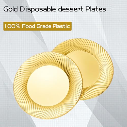 N9R 60pcs Gold Plastic Dessert Plates with Forks, Include 30pcs Disposable Dessert Plates 7 inch, 30pcs Gold Plastic Forks 7.4 inch for Parties Weddings Birthday - Image 2