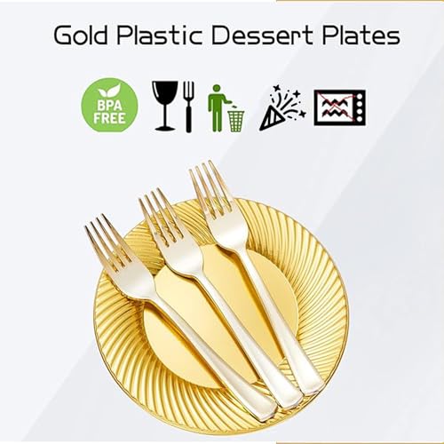 N9R 60pcs Gold Plastic Dessert Plates with Forks, Include 30pcs Disposable Dessert Plates 7 inch, 30pcs Gold Plastic Forks 7.4 inch for Parties Weddings Birthday - Image 4