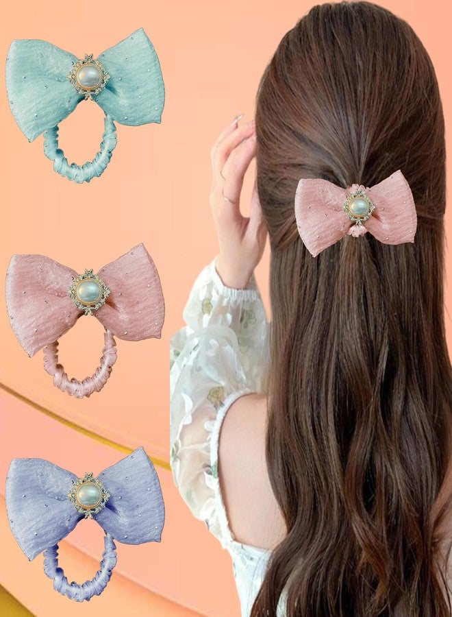 LYKAA Hair Bow Ponytail Rubber Band, Tie With Brooch French Barrette Bowknot Hair Accessories For Girls and Women - 3 pc Multi. - Image 1