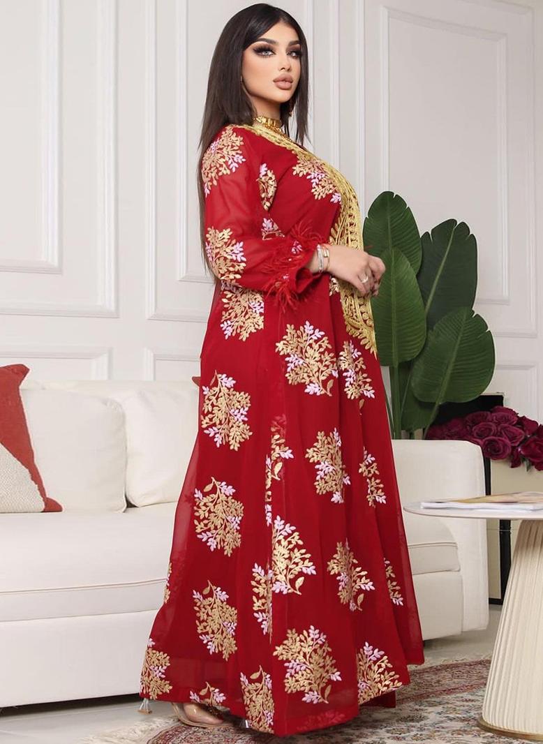 FridayIn Charming banquet style Round neck Printing Embroidery Regular sleeve Kaftan Red - Image 2