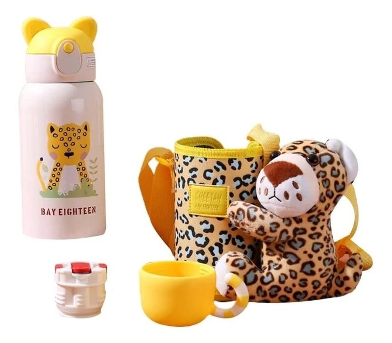 CherryBox Animal Print Stainless Steel 316 Sipper Water Bottle with Animal Cartoon Plush Cover Flask - 530ml with Double Wall Flask with Straw and Cup (Cheetah) - Image 2