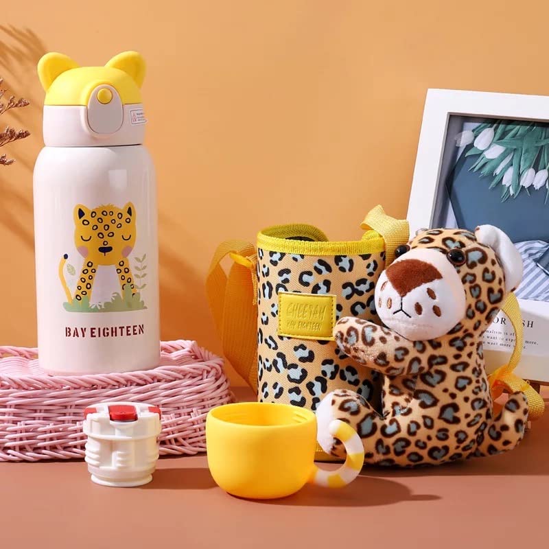 CherryBox Animal Print Stainless Steel 316 Sipper Water Bottle with Animal Cartoon Plush Cover Flask - 530ml with Double Wall Flask with Straw and Cup (Cheetah) - Image 1
