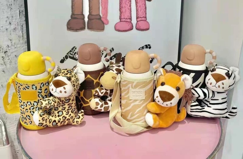 CherryBox Animal Print Stainless Steel 316 Sipper Water Bottle with Animal Cartoon Plush Cover Flask - 530ml with Double Wall Flask with Straw and Cup (Cheetah) - Image 5