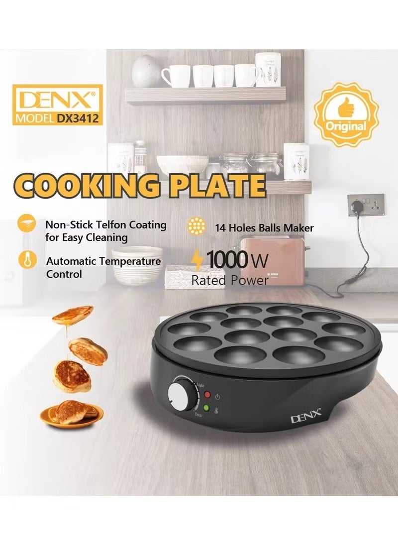 Denx DX3412 Dutch Mini Pancake & Takoyaki Maker – 14-Hole Non-Stick Electric Cooking Plate, 1000W Even Heating, Easy-Clean Snack & Dessert Maker - Image 2