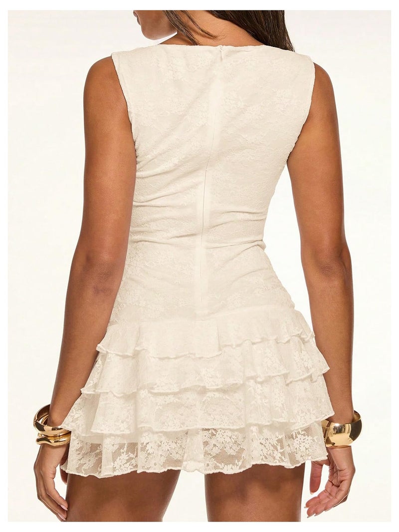 Floerns Women's Western Tank Dress Sleeveless Lace Layered Hem Cowboy Music Festival Mini Dresses Without Belt Apricot Medium - Image 4