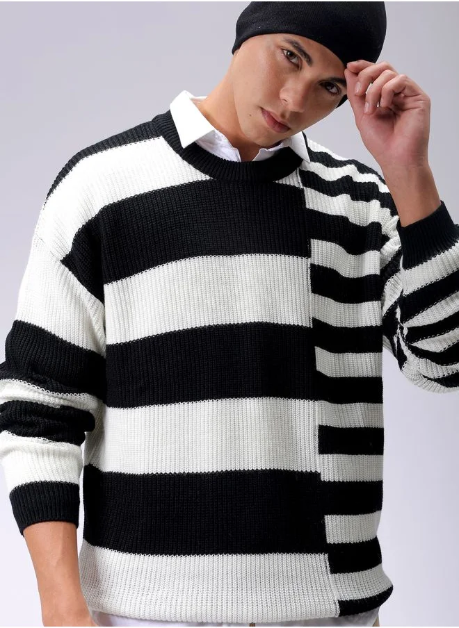 The Indian Garage Co Men Oversized Striped Crew Neck Sweater