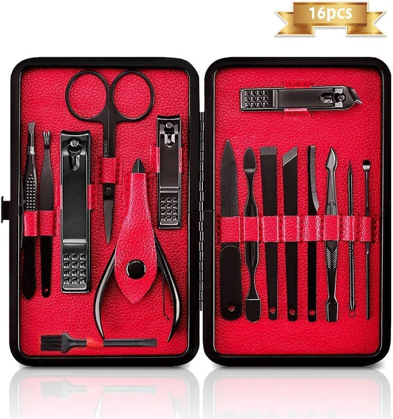 Nail Clipper Set Manicure Pedicure Set, HARPIMER 16PCS Stainless Steel Nail Care Cutter Cuticle Remover Nail Clippers Pedicure Tool Kit, with a Portable Case (Black)