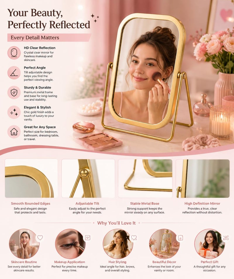 Vanity Makeup Mirror, Double-Sided Tabletop Mirror with 360° Adjustable Swivel, HD Desktop Cosmetic Mirror for Makeup, Skincare, Grooming & Dressing Table, Metal Rectangle Gold Frame - Image 3
