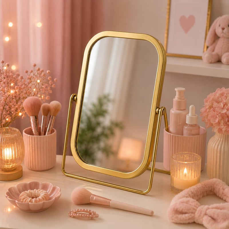 Vanity Makeup Mirror, Double-Sided Tabletop Mirror with 360° Adjustable Swivel, HD Desktop Cosmetic Mirror for Makeup, Skincare, Grooming & Dressing Table, Metal Rectangle Gold Frame - Image 1
