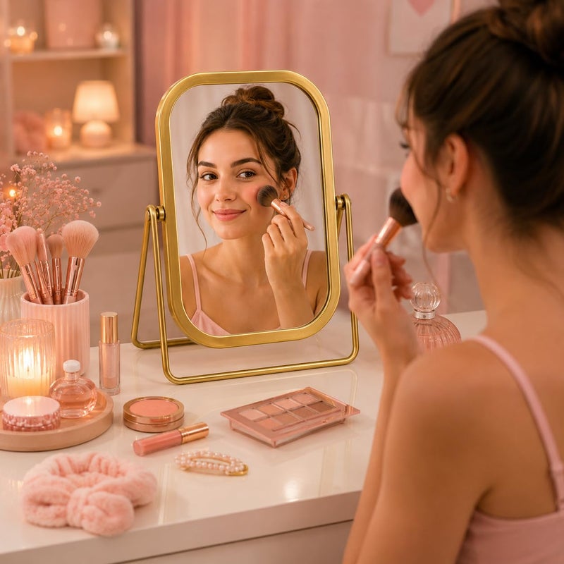 Vanity Makeup Mirror, Double-Sided Tabletop Mirror with 360° Adjustable Swivel, HD Desktop Cosmetic Mirror for Makeup, Skincare, Grooming & Dressing Table, Metal Rectangle Gold Frame - Image 2