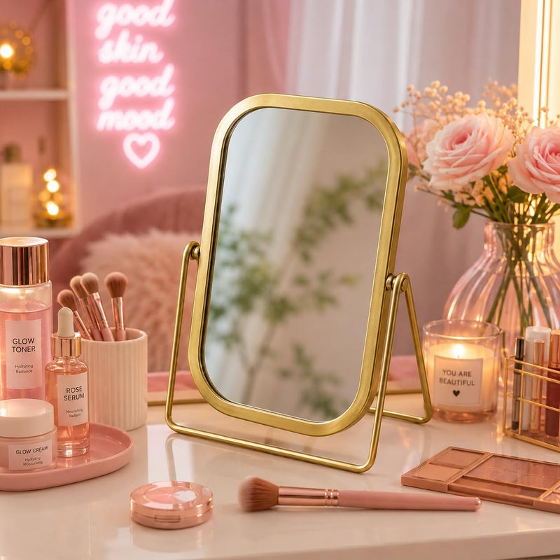 Vanity Makeup Mirror, Double-Sided Tabletop Mirror with 360° Adjustable Swivel, HD Desktop Cosmetic Mirror for Makeup, Skincare, Grooming & Dressing Table, Metal Rectangle Gold Frame - Image 4