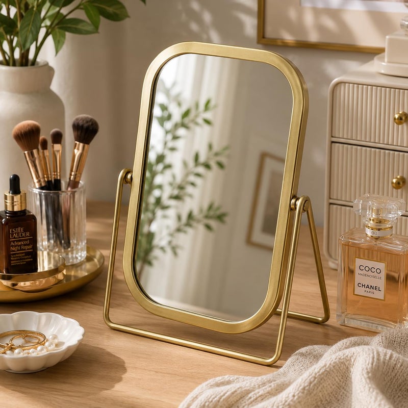 Vanity Makeup Mirror, Double-Sided Tabletop Mirror with 360° Adjustable Swivel, HD Desktop Cosmetic Mirror for Makeup, Skincare, Grooming & Dressing Table, Metal Rectangle Gold Frame - Image 5