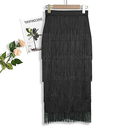 AOMEI Women's Black High Waist Fringe Tiered Bodycon Pencil Midi Skirt 1XL - Image 2