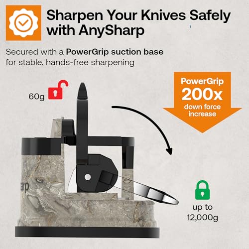 AnySharp – Editions – Hands Free Knife Sharpener - Easy to Use Sharpening Tool with PowerGrip Suction Base and 20-Degree Pre-Set Angle - for All Knives: Chef's, Serrated, and Hardened Steel - Stone - Image 5