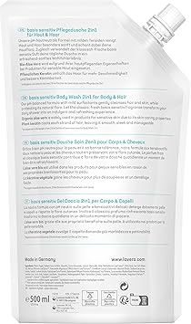 lavera حقيبة إعادة تعبئة لافيرا جل استحمام أساسي حساس 2 في 1 عضوي صبار الألوة فيرا كيراتين نباتي مستحضرات تجميل طبيعية جل استحمام نباتي متوازن الحموضة ينظف البشرة والشعر بلطف 1 × 500 مل - Image 5