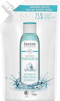 lavera حقيبة إعادة تعبئة لافيرا جل استحمام أساسي حساس 2 في 1 عضوي صبار الألوة فيرا كيراتين نباتي مستحضرات تجميل طبيعية جل استحمام نباتي متوازن الحموضة ينظف البشرة والشعر بلطف 1 × 500 مل - Image 1