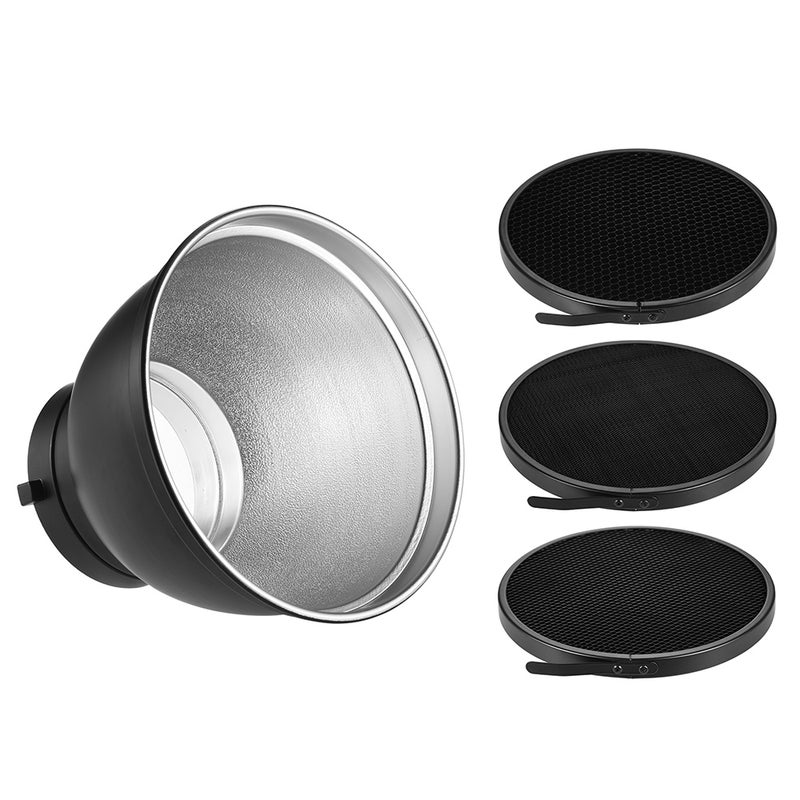Studio Light Reflector: 7" High-quality Aluminum - Silver Reflective Surface Light Modifier With 3pcs 10°/30°/50° Honeycomb Grids for Portrait Pet Flower Still Life Photography - Image 1