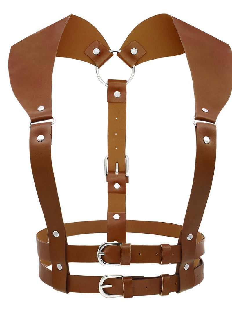 SYOSI Punk Waist Harness Belt, Rock Belt with Buckles, Adjustable Vintage PU Leather Body Belts, Suitable for Women Girls Cosplay Party Rave Costume (Brown)  - Image 1