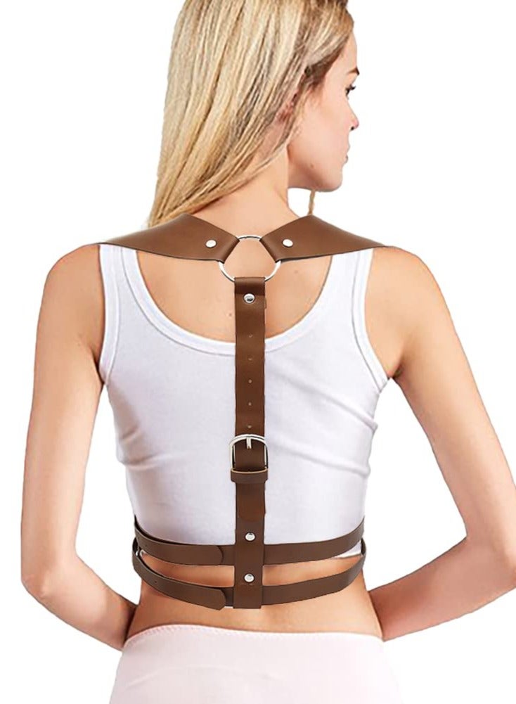 SYOSI Punk Waist Harness Belt, Rock Belt with Buckles, Adjustable Vintage PU Leather Body Belts, Suitable for Women Girls Cosplay Party Rave Costume (Brown)  - Image 2
