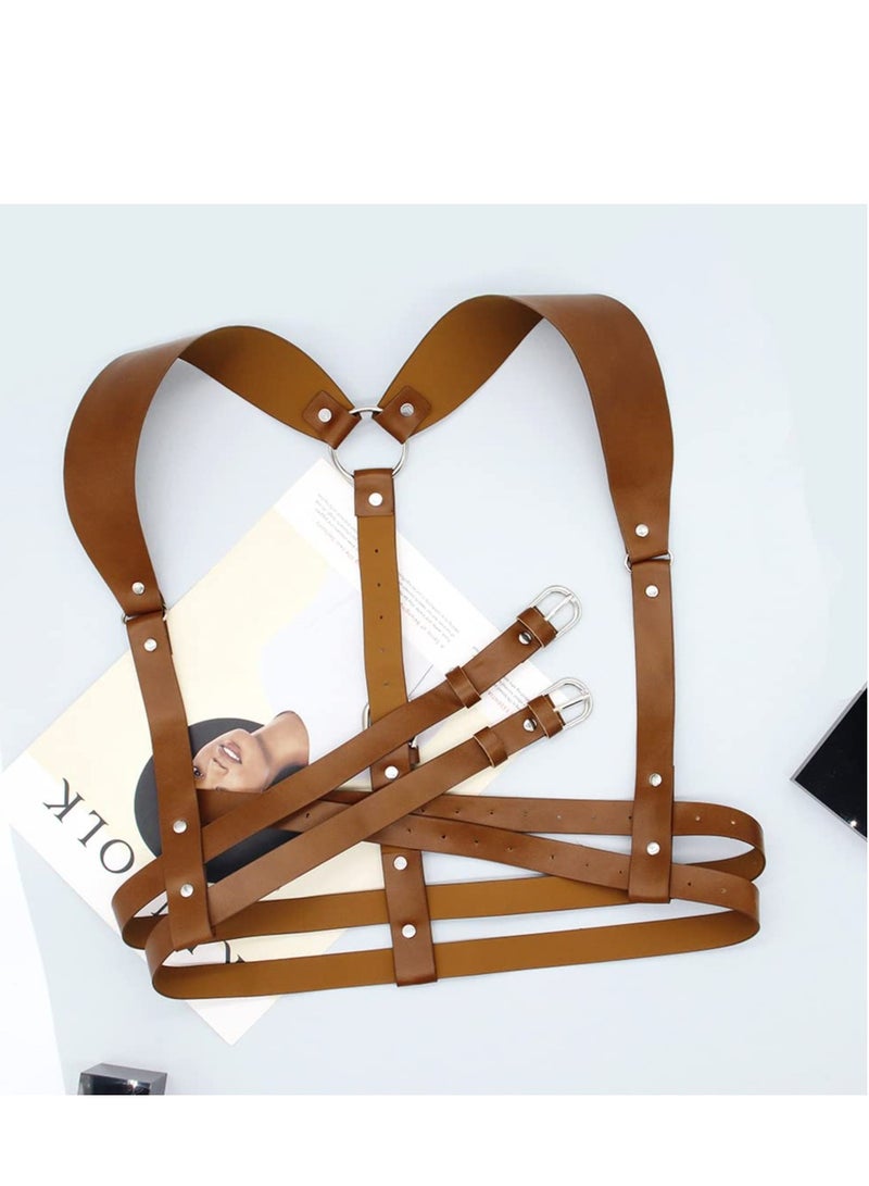 SYOSI Punk Waist Harness Belt, Rock Belt with Buckles, Adjustable Vintage PU Leather Body Belts, Suitable for Women Girls Cosplay Party Rave Costume (Brown)  - Image 4