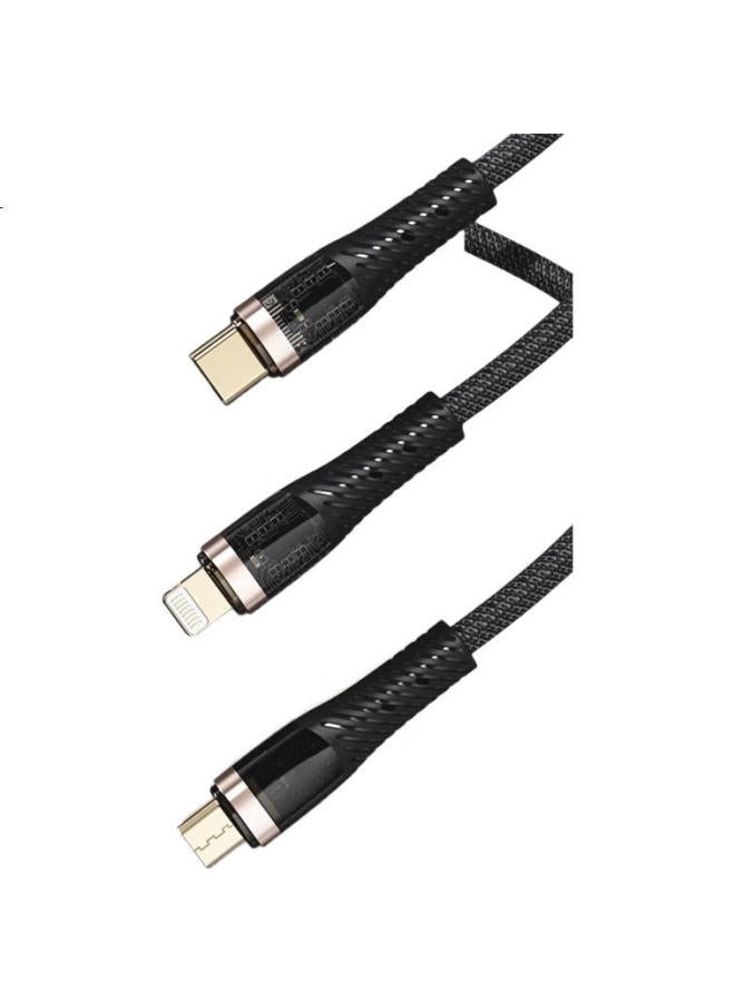 Rock Iphone 16/15 Charging Cable, Three-In Data Cable, One-To Type-C, Full Protocol Pd/Fcp/Scp/Oc, 100W Fast Charging, For Apple/Huawei/Android, 1.5M, Black - Image 1