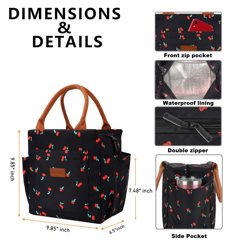 Joymee Lunch Bag Women Insulated Lunch Box Reusable Leakproof Large Spacious Cooler Tote for Women Men Adult with Bottle Holder and Side Pockets for Work Office Travel Picnic - Cherry - Image 5