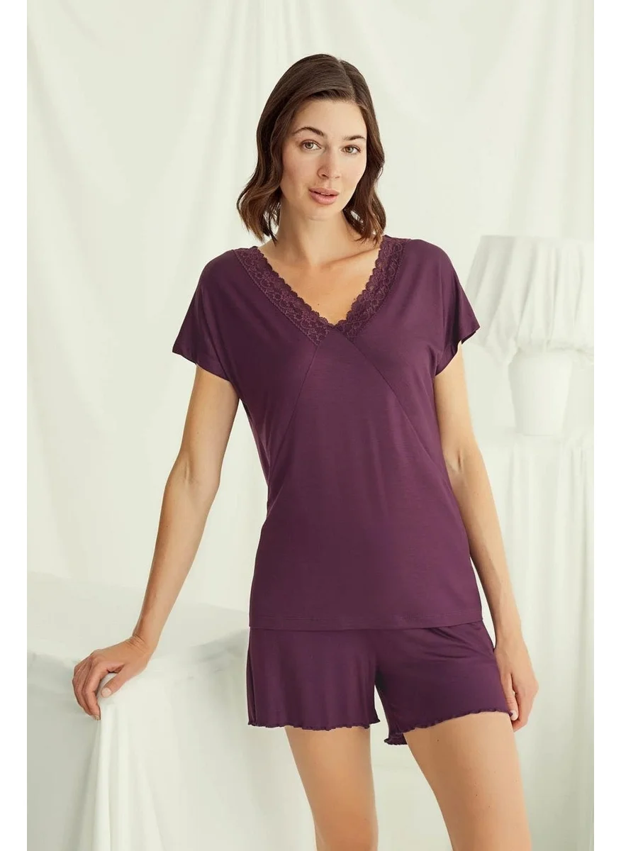 Monamise 18499 Women's V-Neck Short Sleeve Pajama Set with Shorts-Burgundy