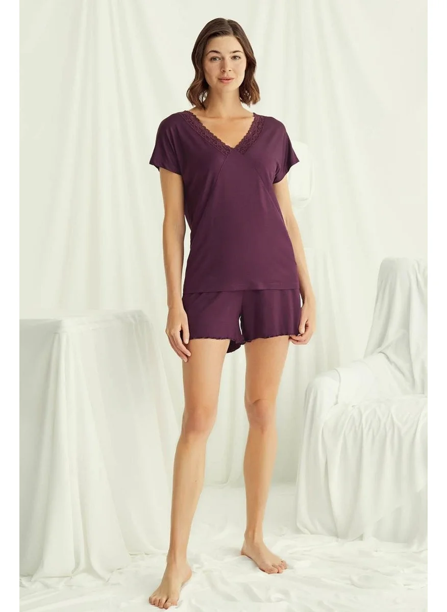 Monamise 18499 Women's V-Neck Short Sleeve Pajama Set with Shorts-Burgundy