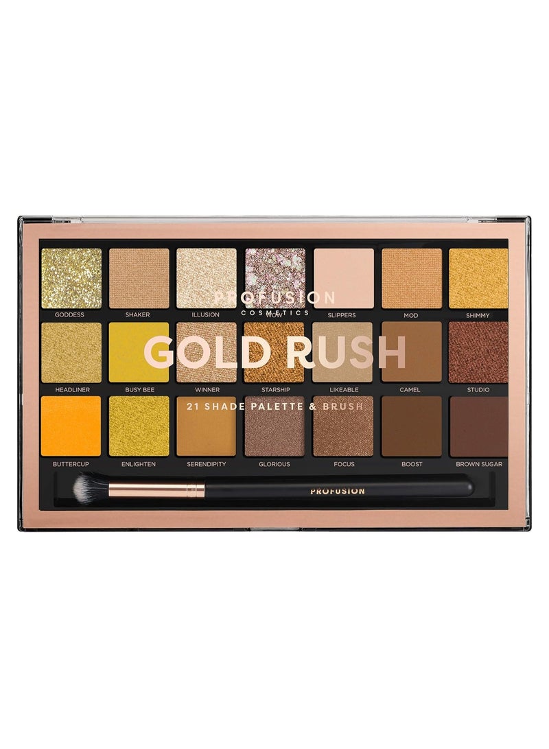 Profusion Cosmetics Gold Rush 21 Shade Eyeshadow Palette Free Pro Series Brush decadent golds and bronzes to cool and deep brown hues - Image 1