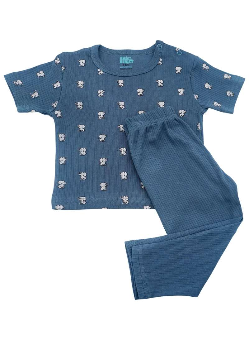 Babies Basic Babies Basic Ribbed Cotton Printed Short Sleeves T-shirt and Pyjama Set