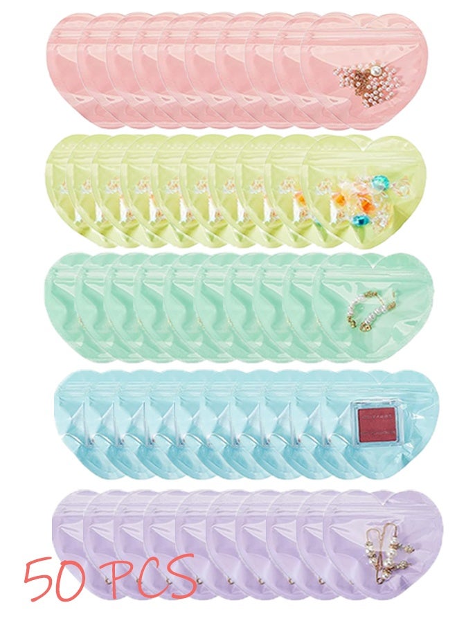 Multicolored Heart-Shaped Jewelry Bags Small Bags for Small Business Heart Clear Resealable Zip Lock Resealable Baggies Cute Mini Packaging Pouch for Bracelets Rings Valentine's Day Supplies 50pcs - Image 1