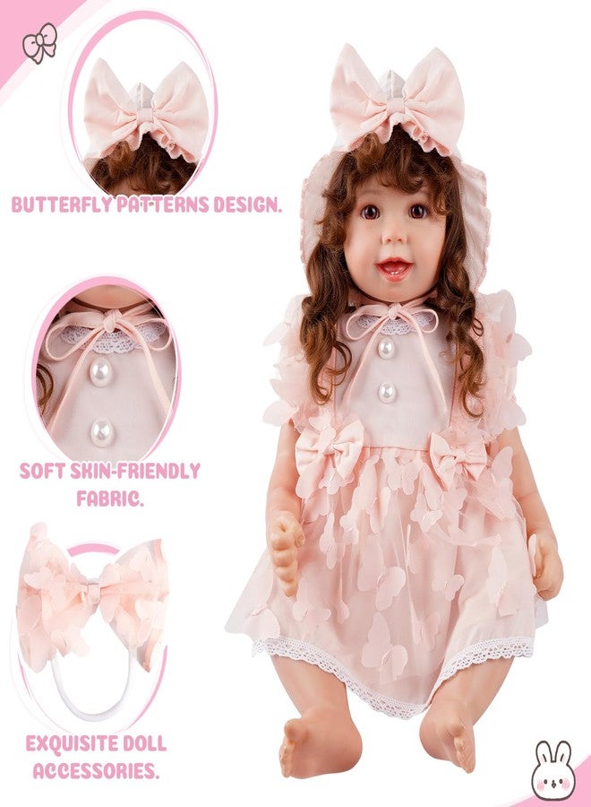 BABESIDE طقم ملابس دمية أطفال حديثي الولادة من بيبي سايد، 4 قطع، مناسب لدمى الأطفال من 17 إلى 22 بوصة، فستان وردي مزين بفيونكة، قبعة، ربطة رأس، وحفاضات قابلة لإعادة الاستخدام، لإضفاء مظهر واقعي على دمية الطفل. - Image 2