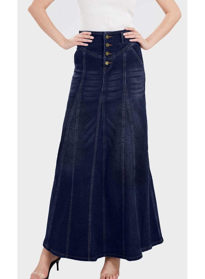 CHARTOU Women's Retro Exposure Button-Fly Packaged Hip A-Line Maxi Long Denim Skirt, Dark Blue, XL - Image 4