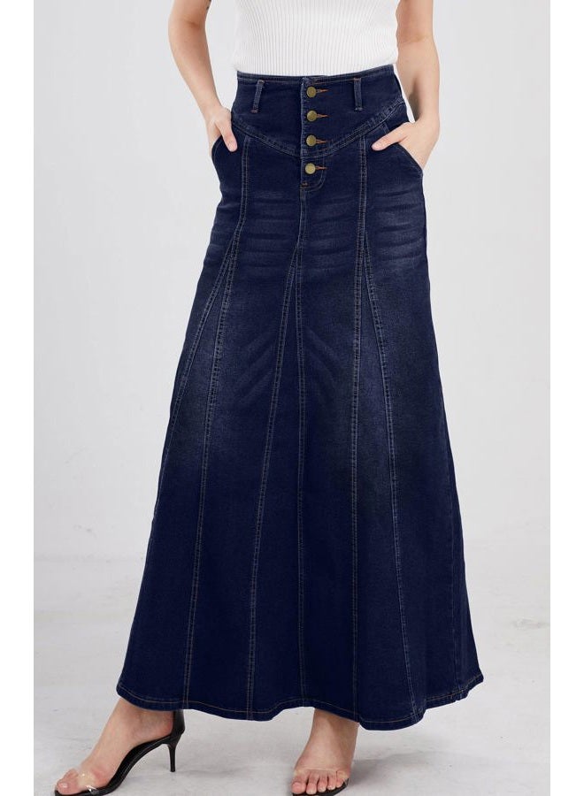 CHARTOU Women's Retro Exposure Button-Fly Packaged Hip A-Line Maxi Long Denim Skirt, Dark Blue, XL - Image 2