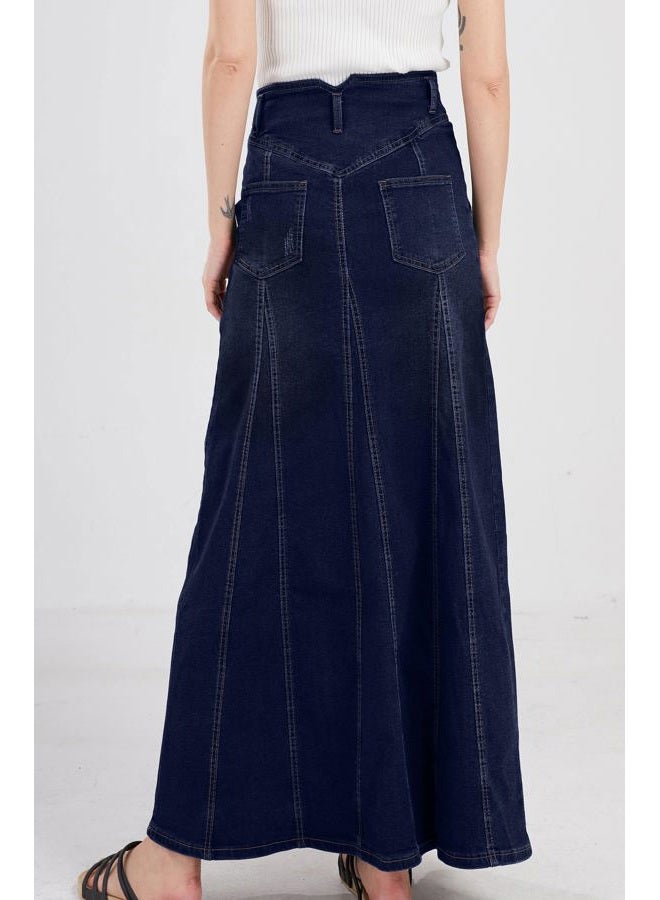 CHARTOU Women's Retro Exposure Button-Fly Packaged Hip A-Line Maxi Long Denim Skirt, Dark Blue, XL - Image 3