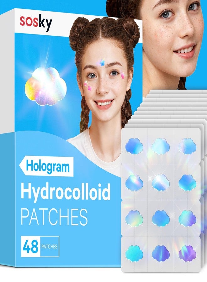 Sosky Hologram Pimple Patches for Face, Hydrocolloid Acne Patches with Salicylic Acid, Cute Star Zit Stickers,Colorful Blemish Covers,48 Count Blue Cloud - Image 1