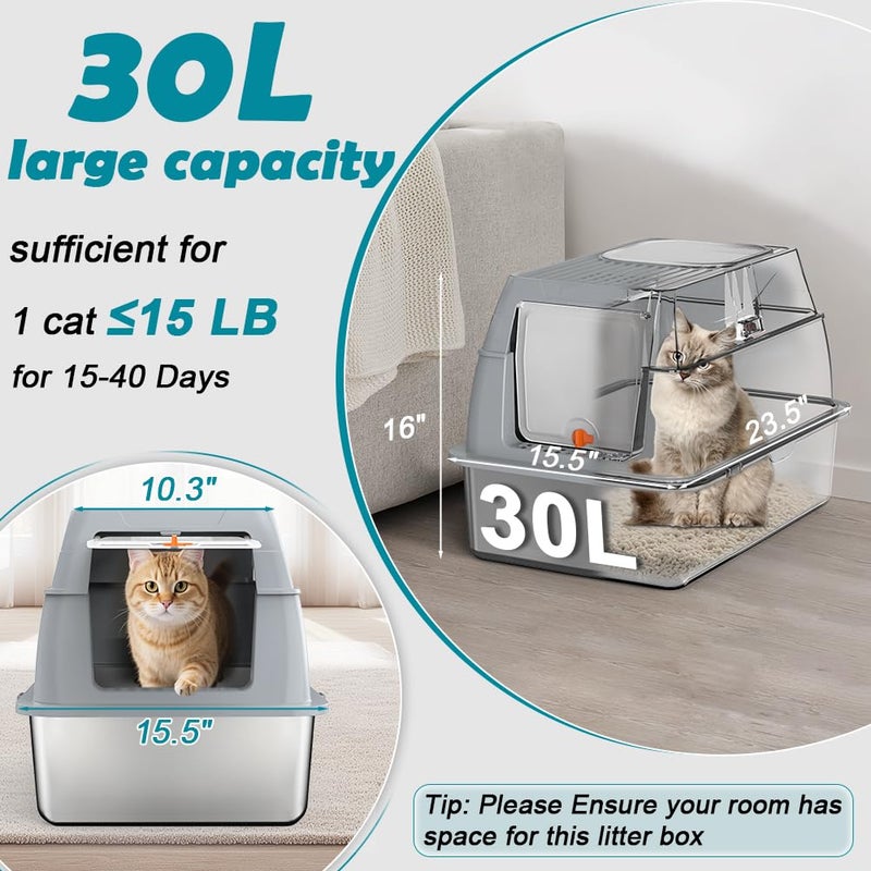 SZEE XL Stainless Steel Litter Box with Lid, Extra Large Metal Covered Litter Box, Stainless Box Easy Clean, Activated Charcoal Odor Control Design, Includes Litter Scoop & Mat & Step, Grey - Image 2