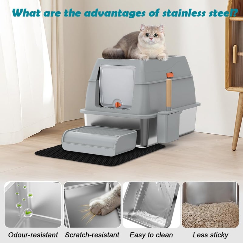 SZEE XL Stainless Steel Litter Box with Lid, Extra Large Metal Covered Litter Box, Stainless Box Easy Clean, Activated Charcoal Odor Control Design, Includes Litter Scoop & Mat & Step, Grey - Image 3