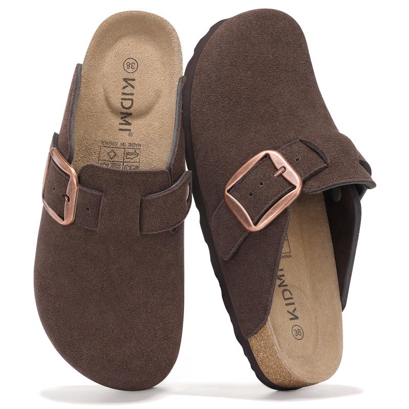 KIDMI Genuine Suede Clogs for Women Memory Foam Cork Footbed Potato Shoes Slip On Leather Mules with Big Buckle, Coffee Size 8 (39)